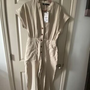 Zara Beige Button-Front Jumpsuit